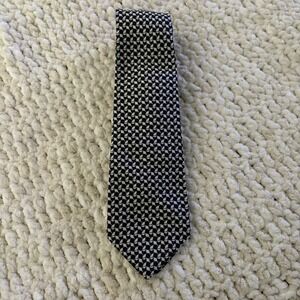 Vintage Christian Dior Silk Neck Tie Navy Blue Geometric Pattern Quiet Luxury